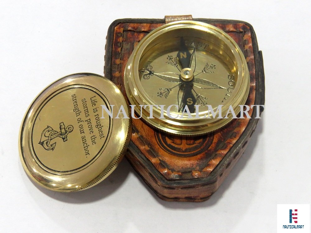 NauticalMart Solid Brass Shiny Quote Compass with Leather Case Best Gift