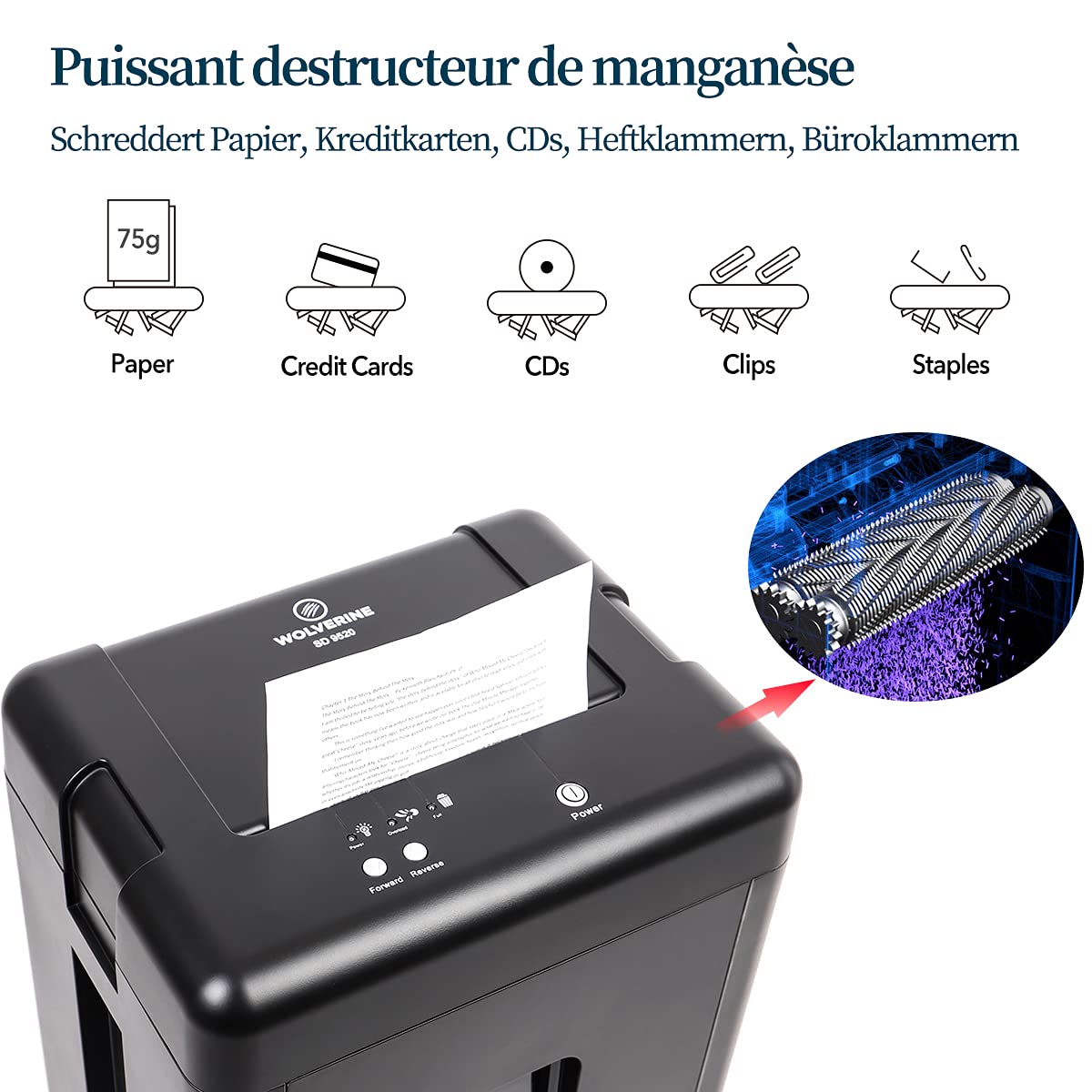 WOLVERINE SD9520 Destructeur Haute sécurité P5 15 Feuilles Super Micro-Coupe Papier Lourd CD Lame manganèse Ultra-silencieuse Noir