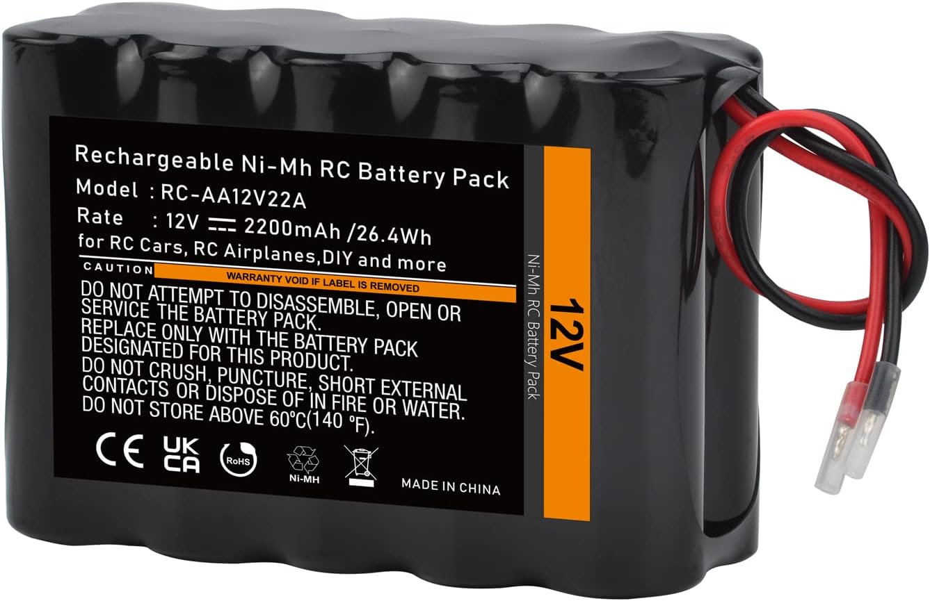 Tectra 12V RC Battery with Bare Leads, 2200mAh High Capacity Ni-MH Rechargeable Battery Pack for RC Models, DIY, Medical Equipments, LED Light Kit, Portable 12V DC Devices and More