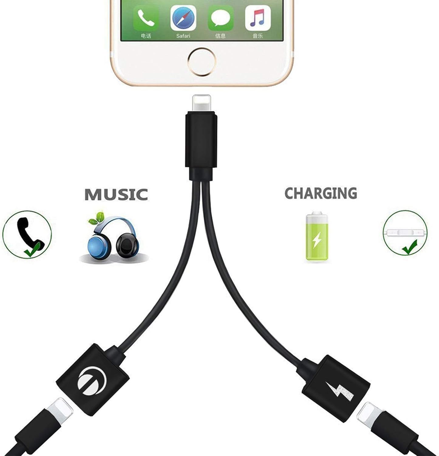 iPhone Adapter , 2in1 Dual Lightning Headphone Jack AUX Audio and Charge Adaptor Dongle Cable Compatible for iPhone 12/11/X/8/7 Support All iOS System