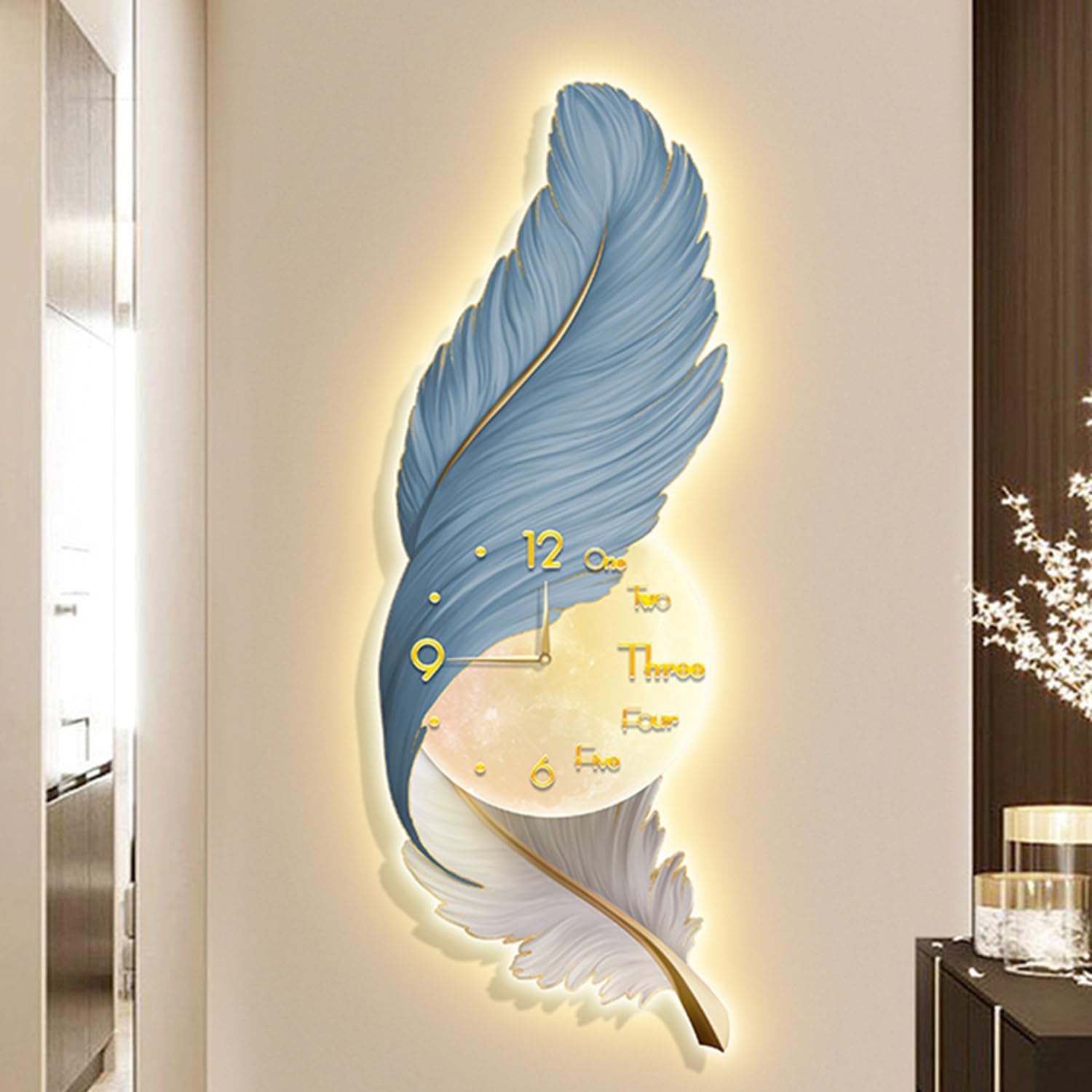 LMYSXAOZ Feather Wall Light Decor, Creative Clocks, Modern Hanging Art Sculpture, Large Sconce for Home Entrance Cafe Decoration,A,54 * 150cm