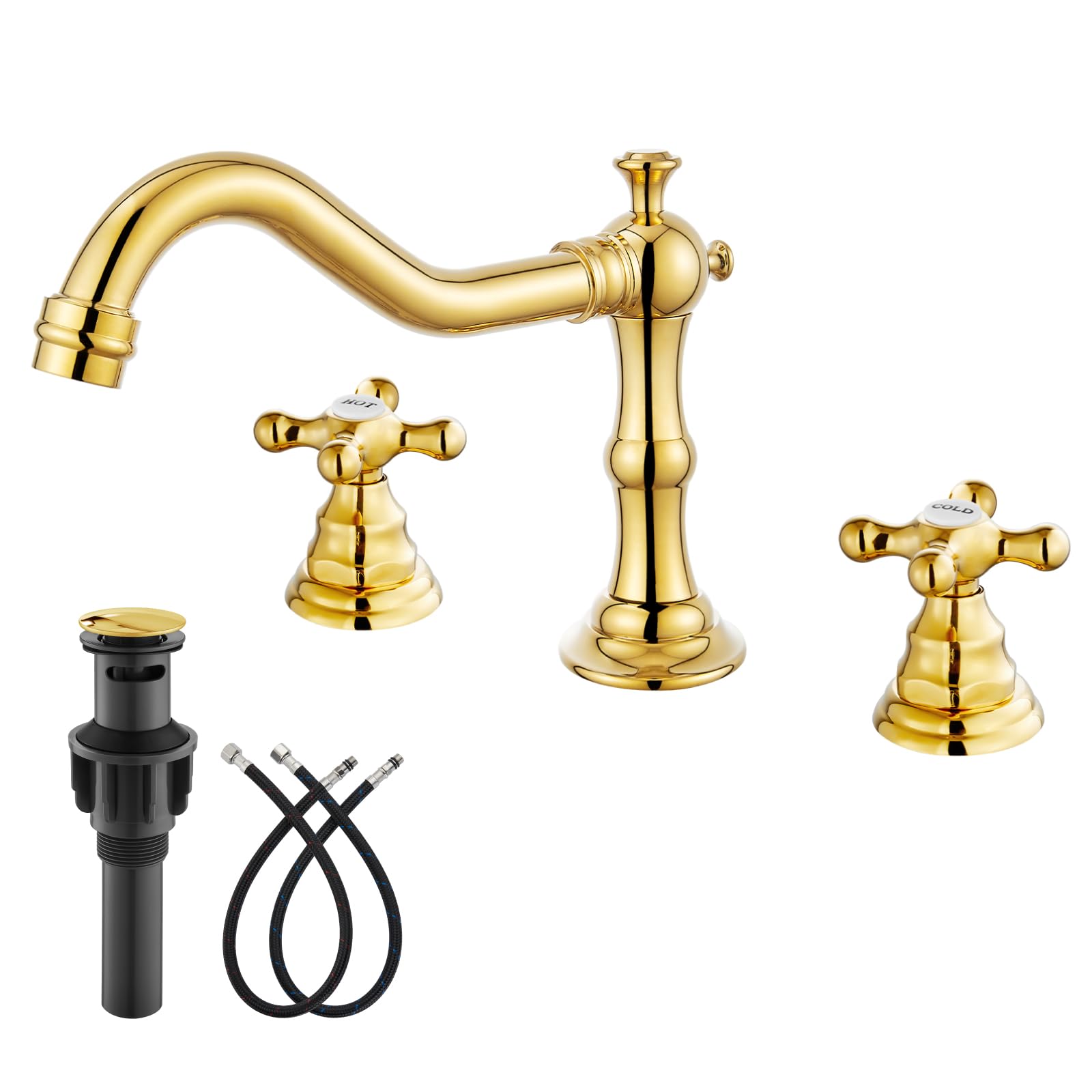 gotonovo Polish Gold Widespread Bathroom Sink Faucet Double Cross Knobs 3 Hole Mixing Tap Deck Mount with Pop Up Drain