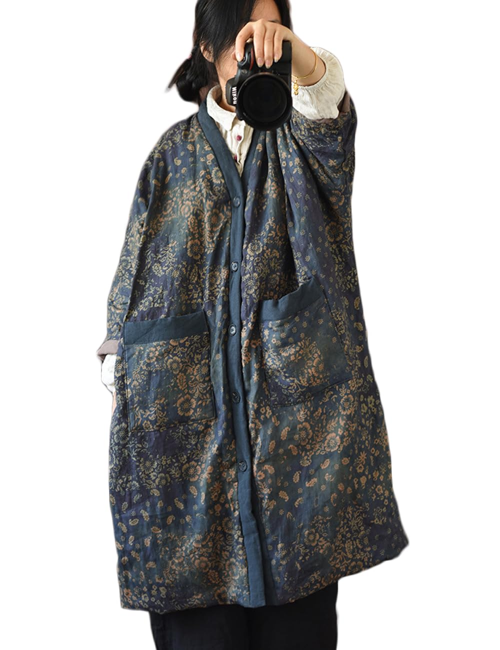 NFYM Giacche lunghe da donna Capispalla invernale al ginocchio stampato vintage patchwork allentato trapuntato giacche leggere