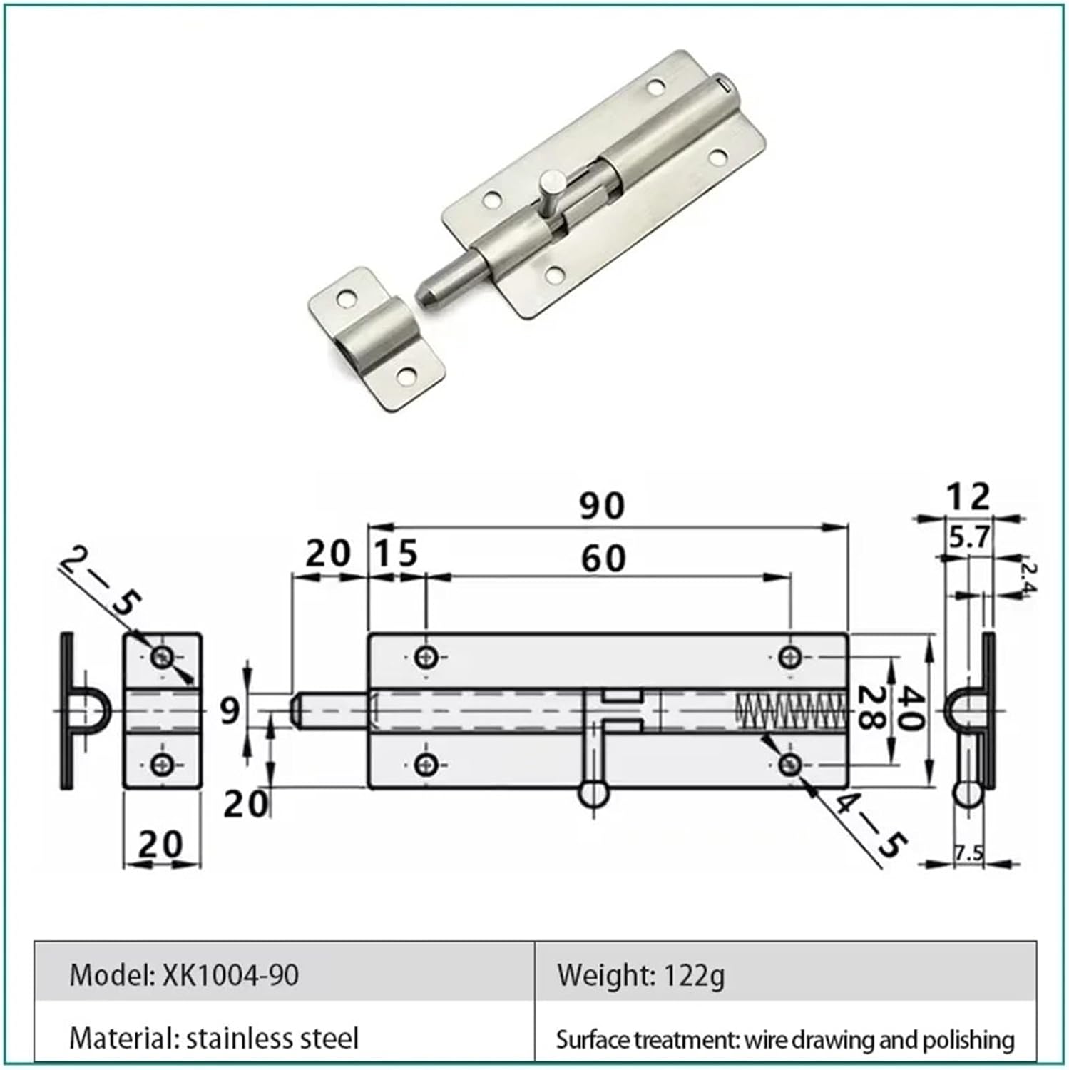 Slide Barrel Bolt Latch 3 Inches Sliding Latch Lock, Stainless Steel Sliding Lock for Door Security 1Pcs(XK1004-125)