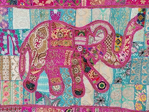 Image of Ekam Art Rajasthani Handmade Heavy Elephant Embroidery Cotton Patchwork Tapestry Cotton Wall Decor Hanging Beaded Tapestries Home Living Room Decor 40 x 60 Inch (Pink)
