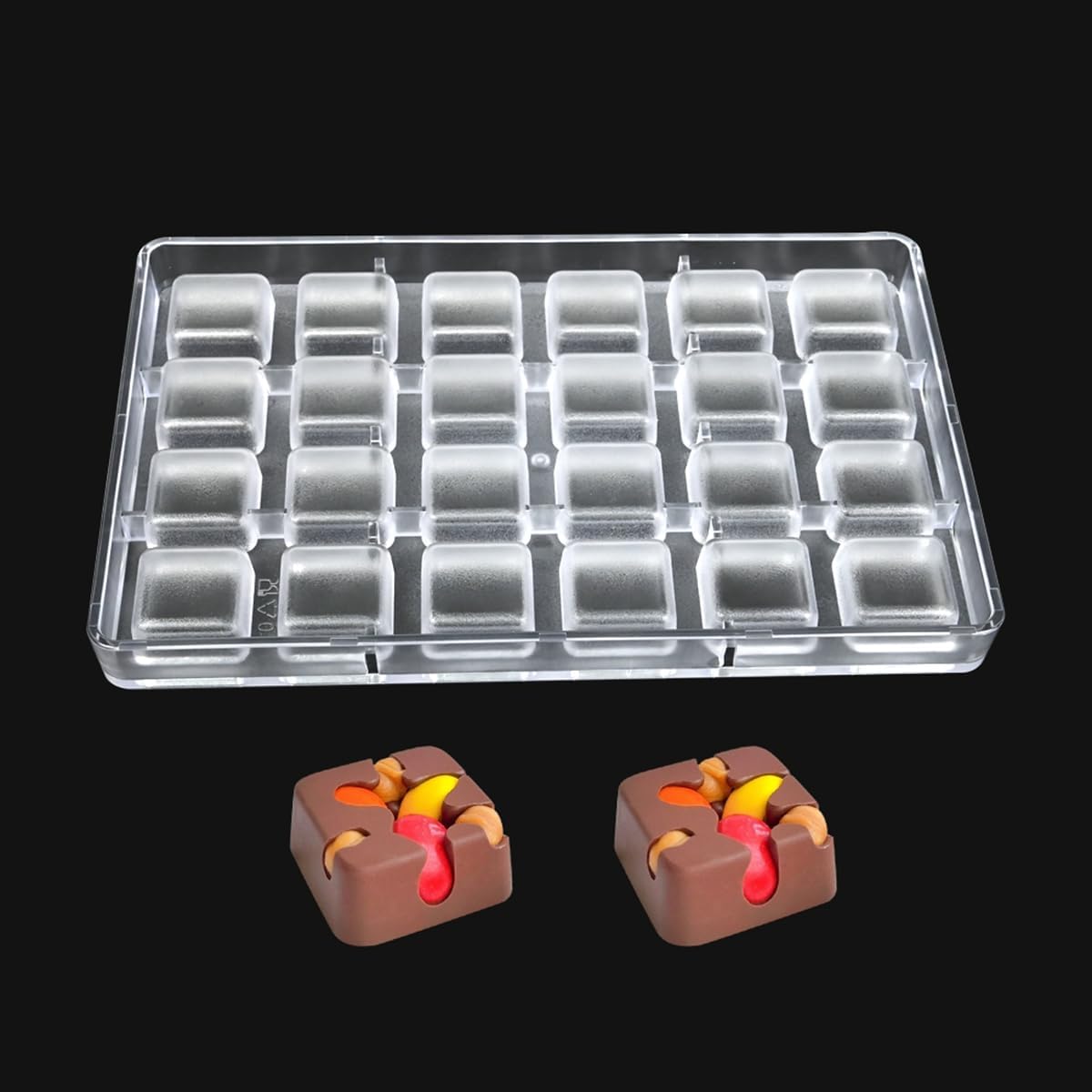 TUKE Polycarbonate Chocolate Molds 24 Cavity Square Shape Food-Grade Plastic Mold, Reusable Baking Mold for DIY Candy, Cake Decorating, Valentine’s Day, Christmas (A_ Square)