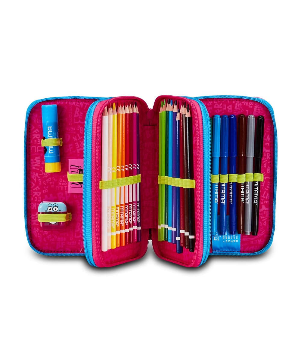 Mitama Estuche Escolar con 3 Compartimentos, Butterfly, Contenido 47 Piezas, Completo de lápices, rotuladores, portalápices Escuela Primaria niña, Rosa, Talla única, Butterfly