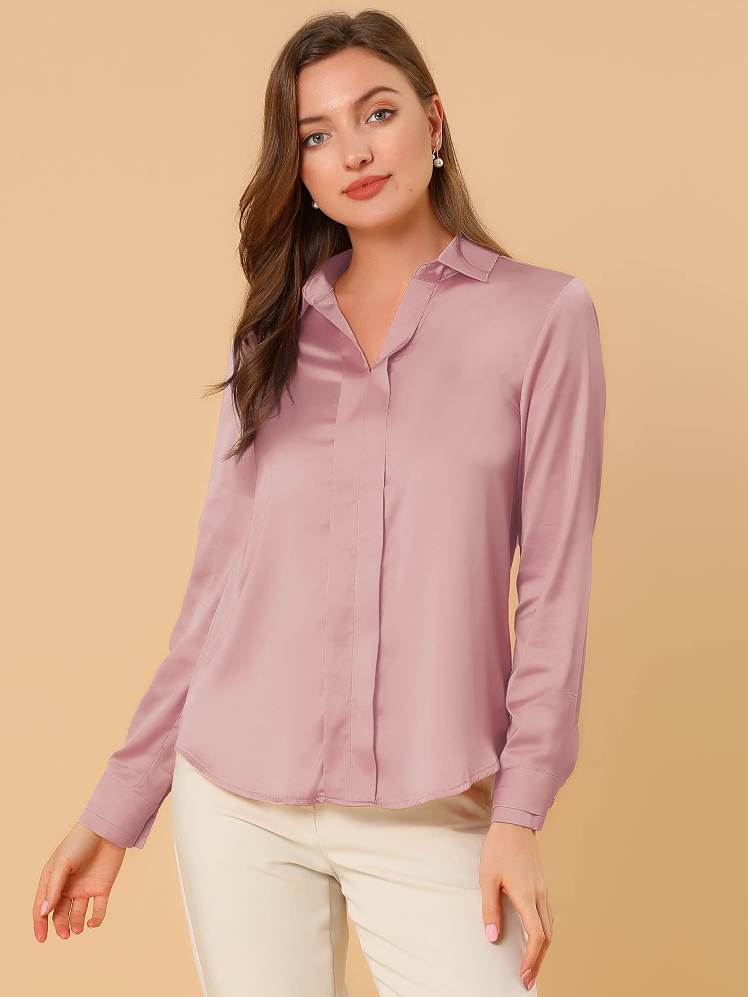 Allegra K Damen Satin Bluse Langarm Hemdkragen V-Ausschnitt Shirt Elegant Top