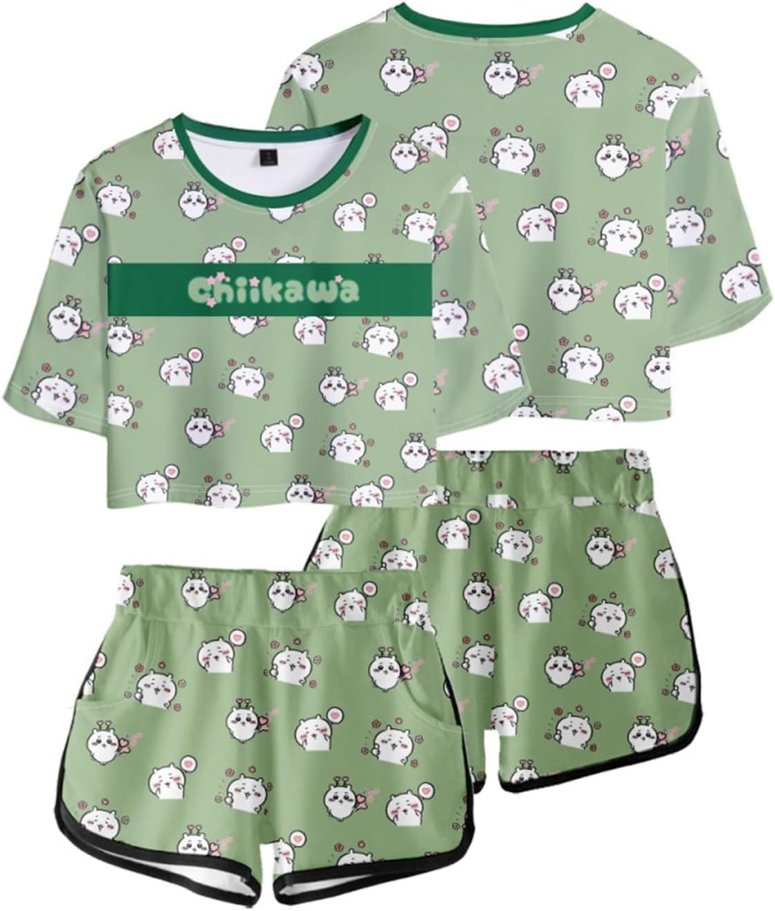 ISaikoy 2 Piece Outfits Anime Chiikawa Short Sleeve Crop Top and Short Pants Sets Hachiware T-Shirt