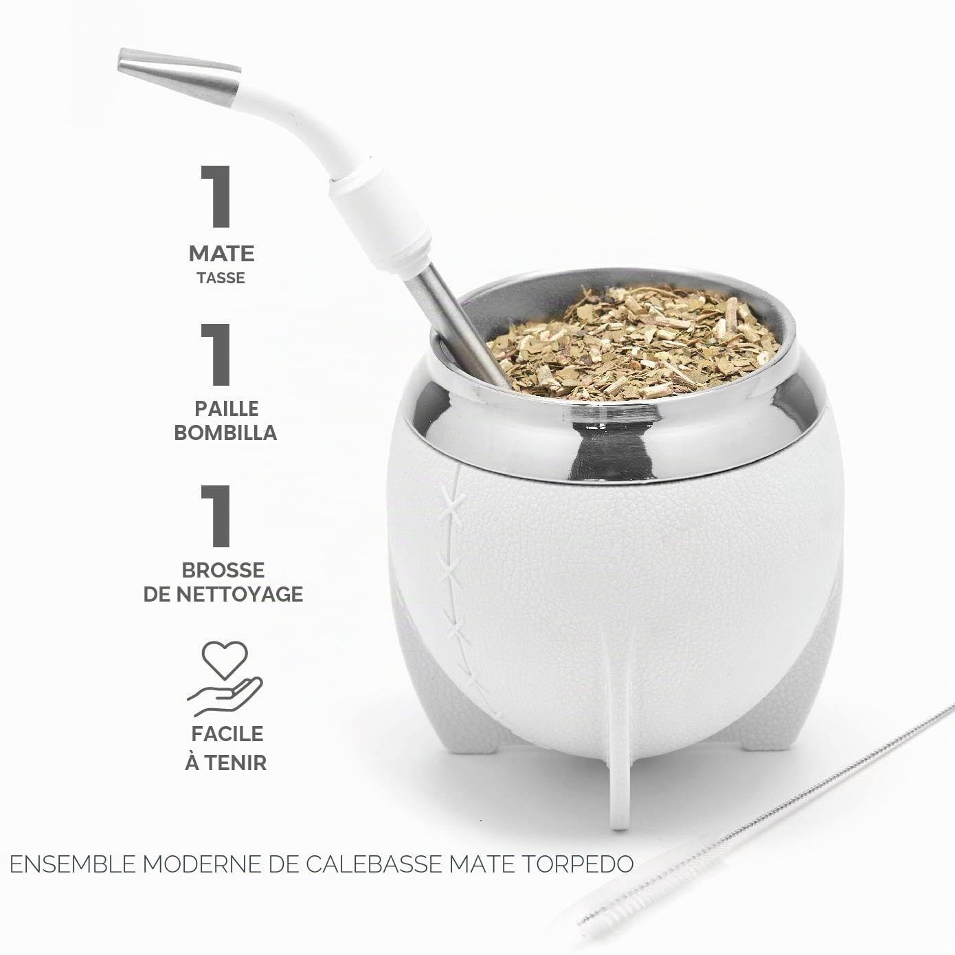 BALIBETOV Ensemble Tasse et Bombilla Yerba Mate, Comprend une Calebasse en Acier Inoxydable, une Bombilla Mate de Qualité Premium et une Brosse de Nettoyage (Blanc)