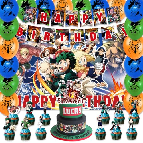 42Pcks My Hero Academy Party Supplies Pack IncludesBannerCake TopperBlackdrop Balloons for Academy party Decoration