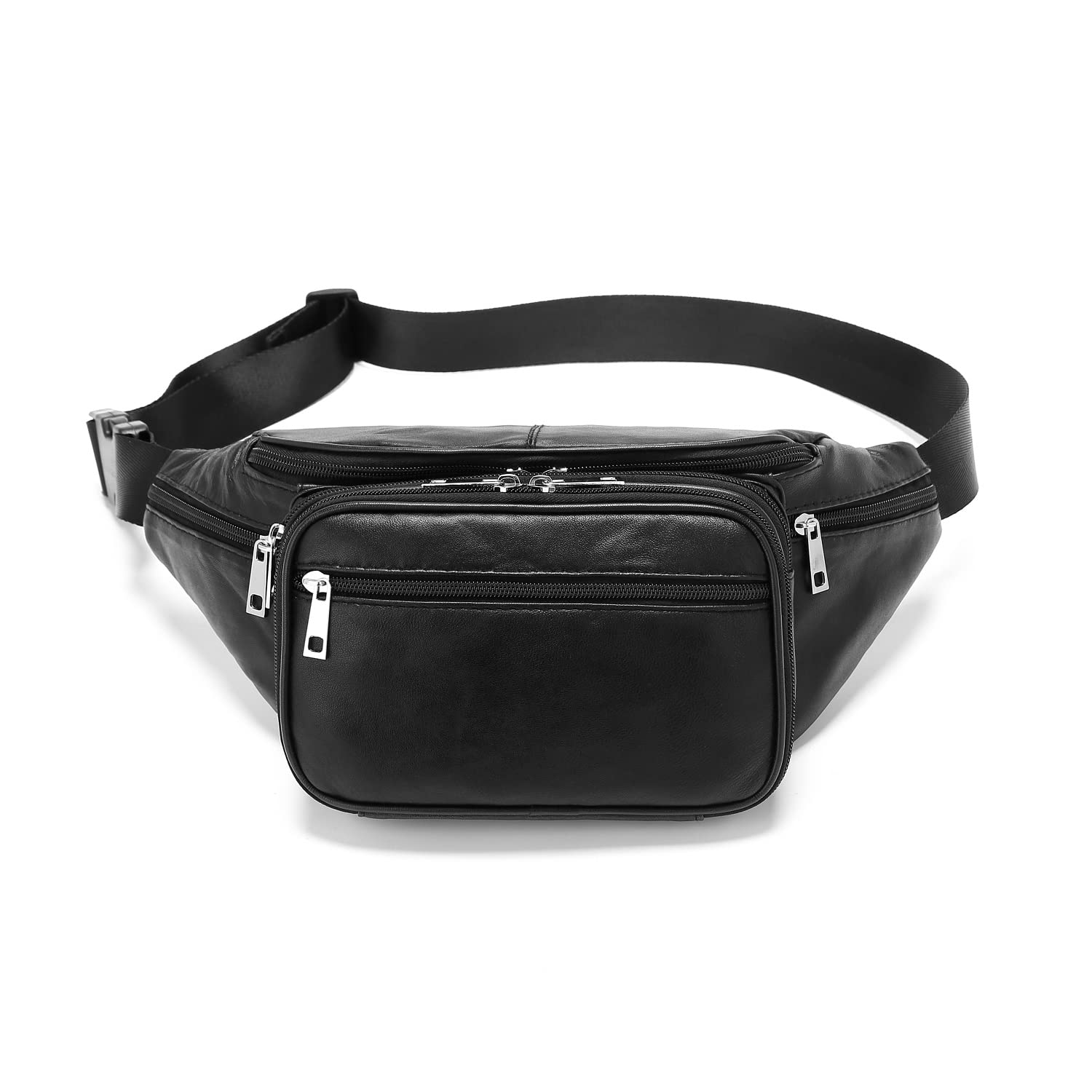Genuine Leather Large 7 Pocket Waist Pack with Organizer, Card Slots (Black)
