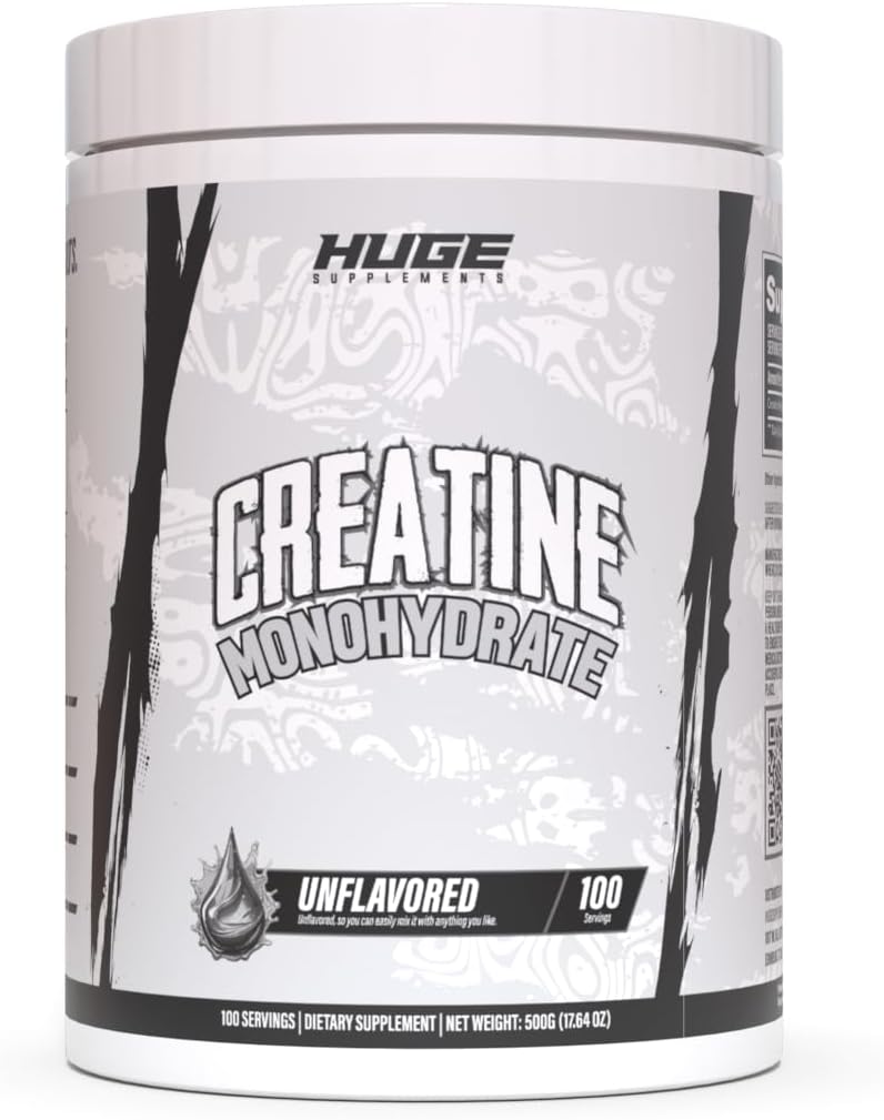 Huge Supplements Pure Micronized Creatine Monohydrate Powder - Third Party Tested, 500 Grams, Micronized for Optimal Absorption, Clinically Dosed, No Additives, Unflavored & Easy to Mix (100 Servings)