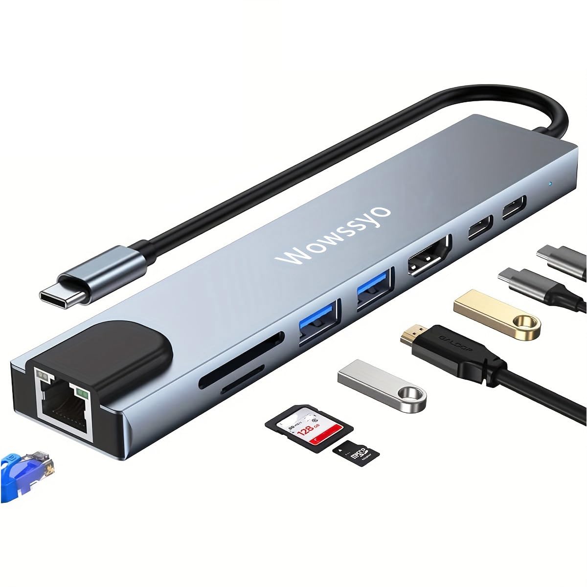 Wowssyo Hub USB C Ethernet 8 in 1, Docking Station USB C，Multiporta USB Hub, HDMI 4K, PD 100 W, USB 3.0, SD/TF, USB-C, Adattatore MacBook M1 Air Pro, per iPad, Switch, Chromecast, Cellulare e altro