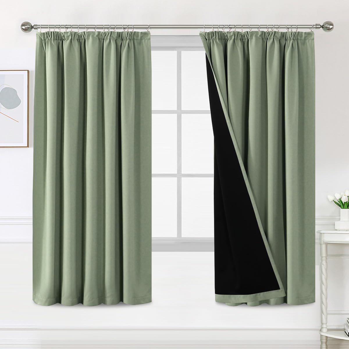 H.Versailtex 100% Pencil Pleat Blackout Curtains, Thermal Insulated Black Out Curtains with Lining, W46x L72 Inch, 2 Panels, Light Sage