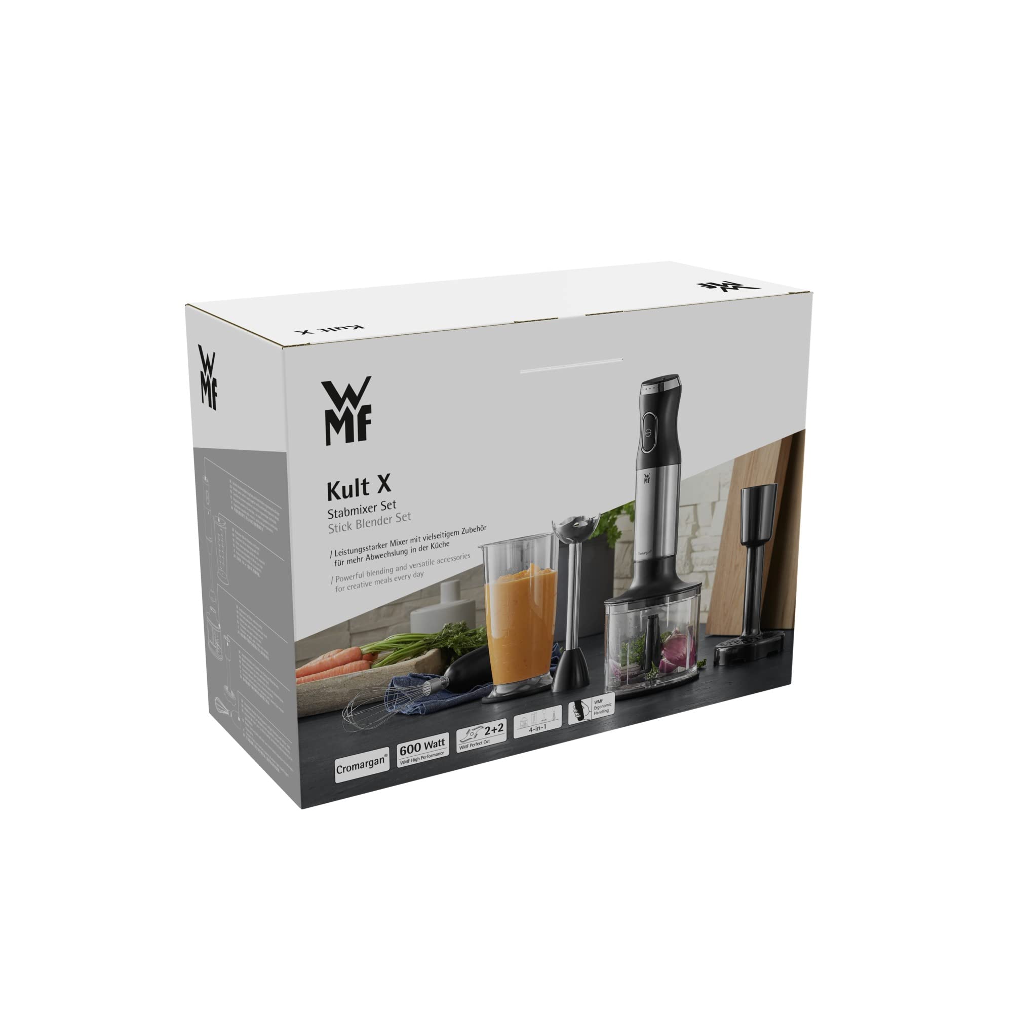 WMF Kult X - Set di 5 frullatori a immersione, frusta, tritatutto, 600 Watt, bacchetta magica con contenitore da 700 ml, in acciaio inox opaco