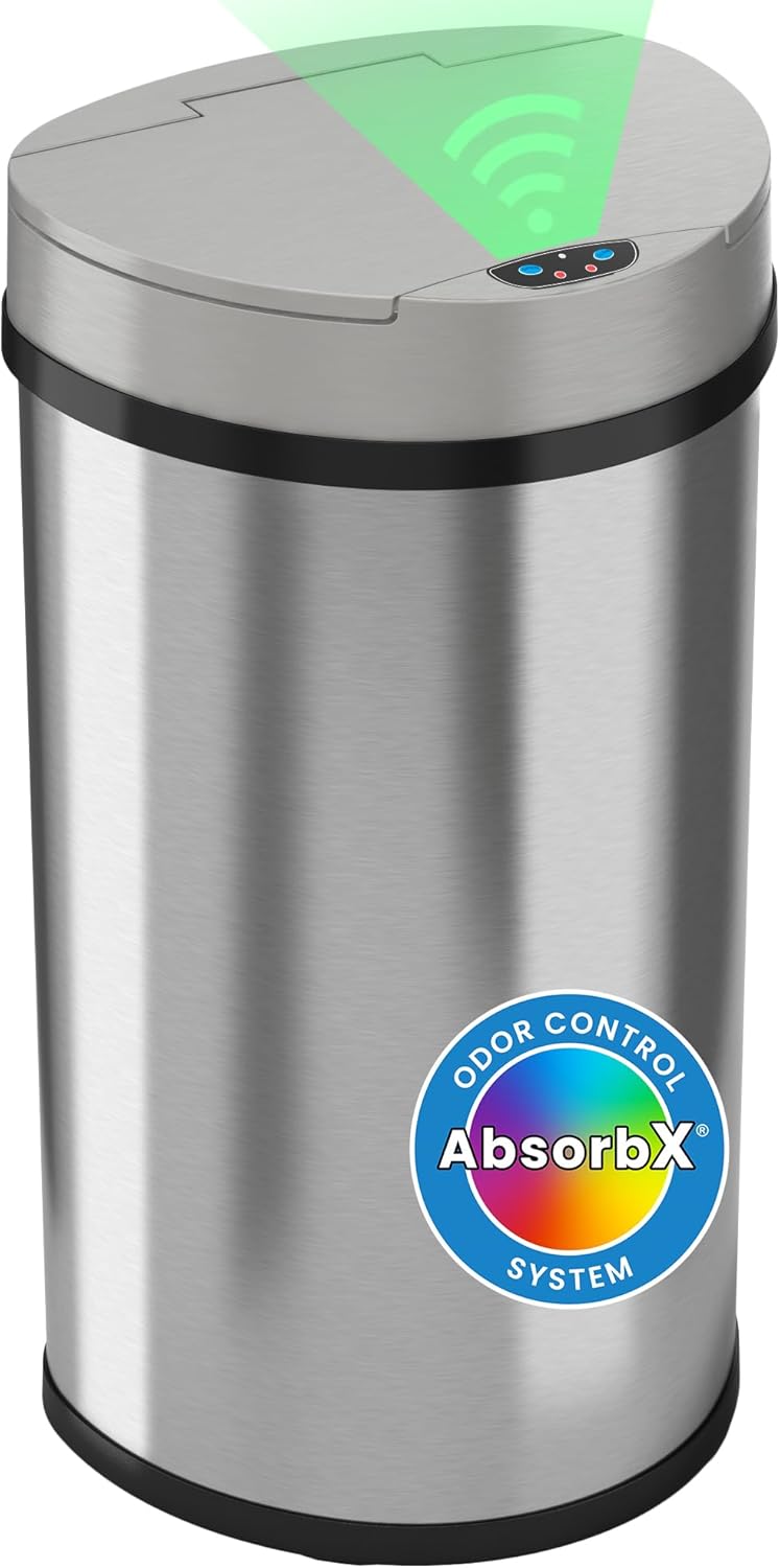 iTouchless 50 Liter / 13 Gallon Kitchen Trash Can with Lid & Deodorizer – Motion Sensor Semi-Round Stainless Steel Garbage Bin for Home, Office, or Garage – Slim, Wide Opening Large Capacity Design Mist Silver, Black