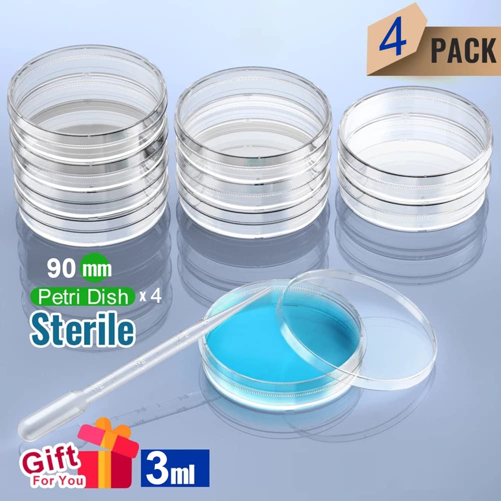 Piastra di Petri,Piastra di Petri Plastica,Piatti Petri 90mm, Piastre Di Petri In Plastica Sterile Capsula Petri con 3ml Pipette,Trasparenti per Cultura di Laboratorio Lievito Batterico
