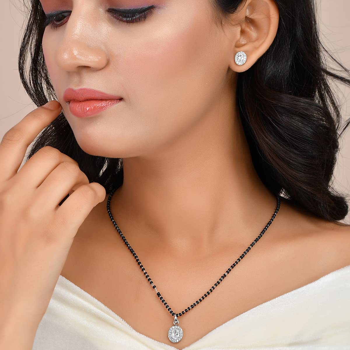 Sparkling Oval Cz Studded Silver Mangalsutra Set
