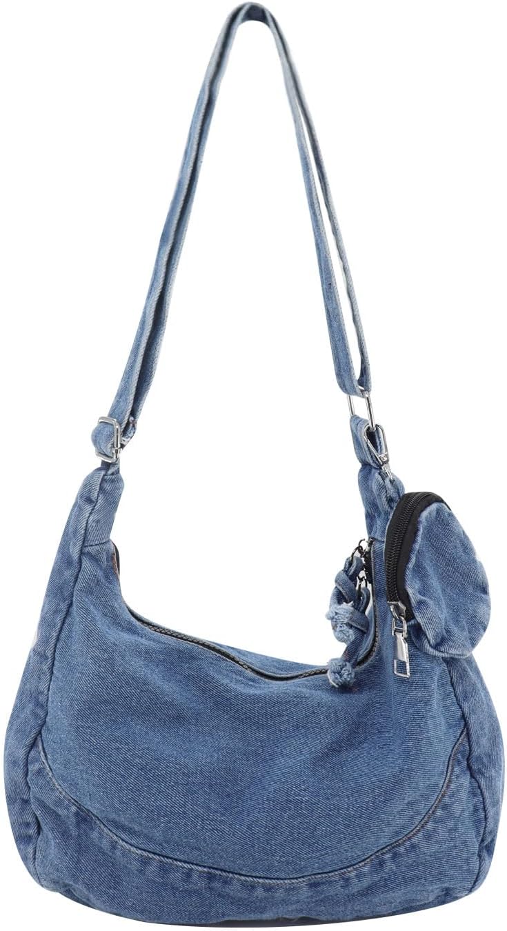 Andiker Women's Denim Shoulder Bag, Medium Size Women's Handbag with Adjustable Shoulder Strap and Removable Mini Purse, Medium Vintage Hobo Bag for Travel and Daily Use