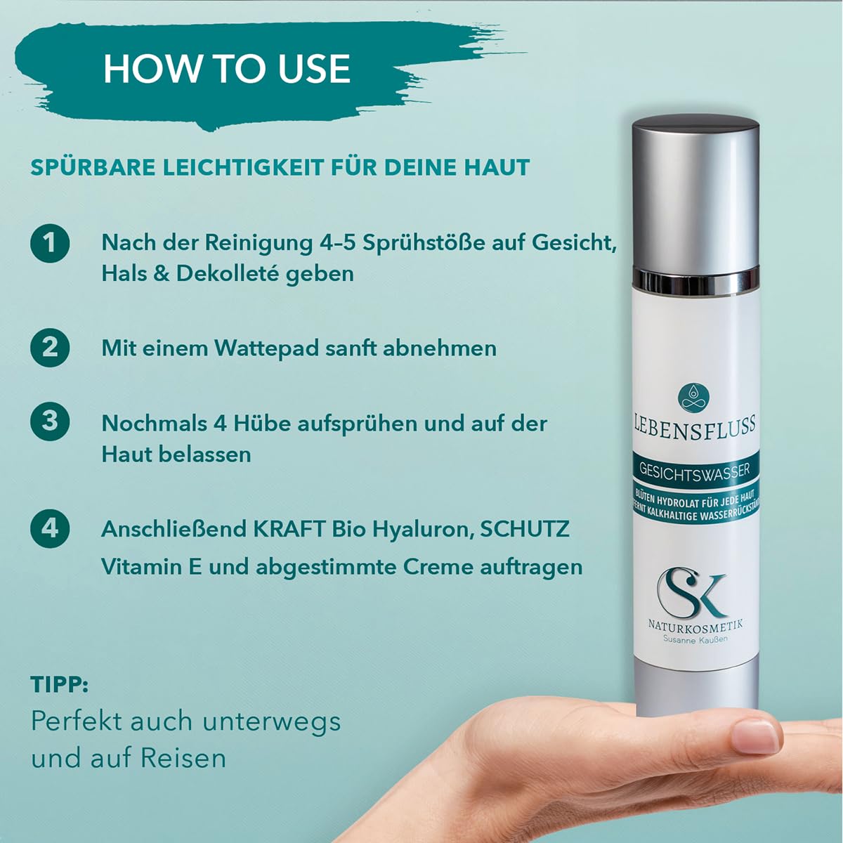 SK Naturkosmetik LEBENSFLUSS Gesichtswasser – mildes Blüten-Hydrolat Tonic für alle Hauttypen | mit Rosenhydrolat, Orangenblütenhydrolat & Honig | Feuchtigkeitsspendend, pH-regulierend