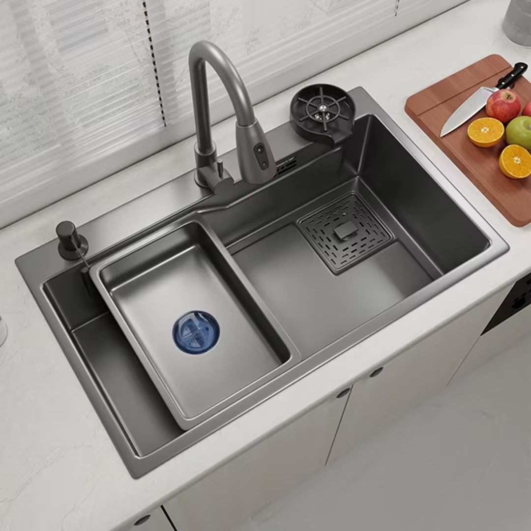 Aioneer Kitchen Sink 3-Hole, 304 Stainless Steel Sink, Workstation Kitchen Sink With Pull-Out Tap, Chopping Board, Cup Washer-68-45cm Black-grey