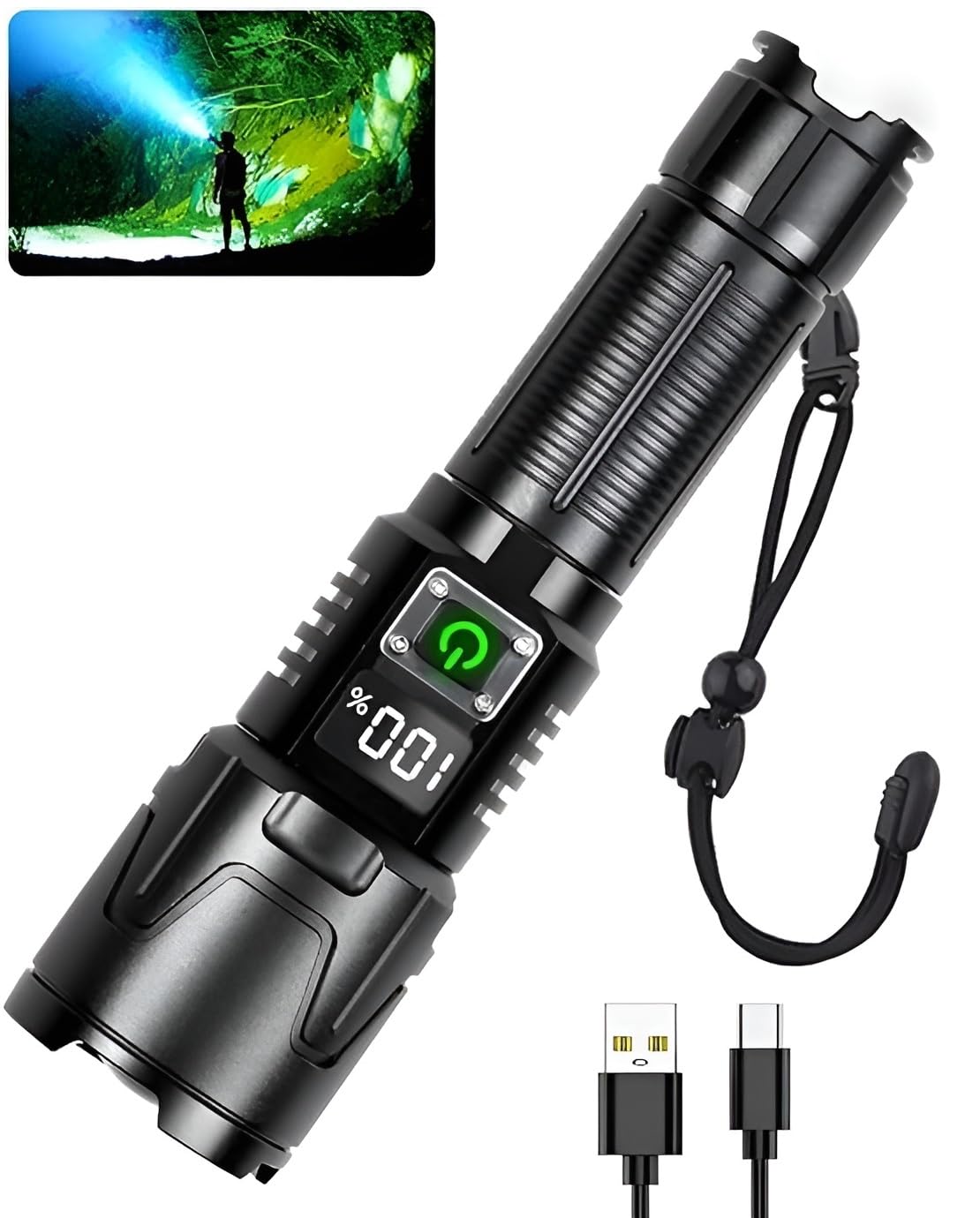 LED Flashlights Rechargeable High Lumens, 90000 Lumen Super Bright Zoomable with USB Cable, 7 Modes Powerful Handheld LED Flashlights for Home Emergencies Camping Camping (Torch Light)