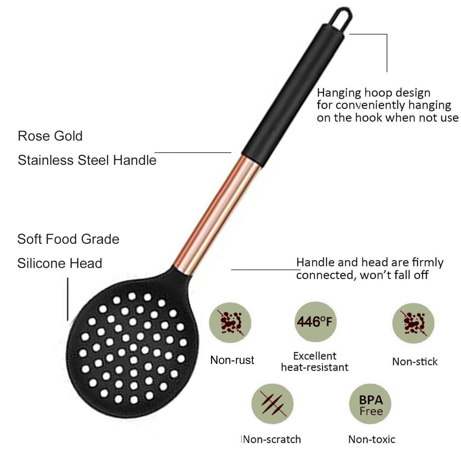 UXIYI Kitchen Utensils Set, Silicone Cooking Utensils, 27Pcs Spatula Set including Rose Gold Stainless Steel Handle,Black - Image 3