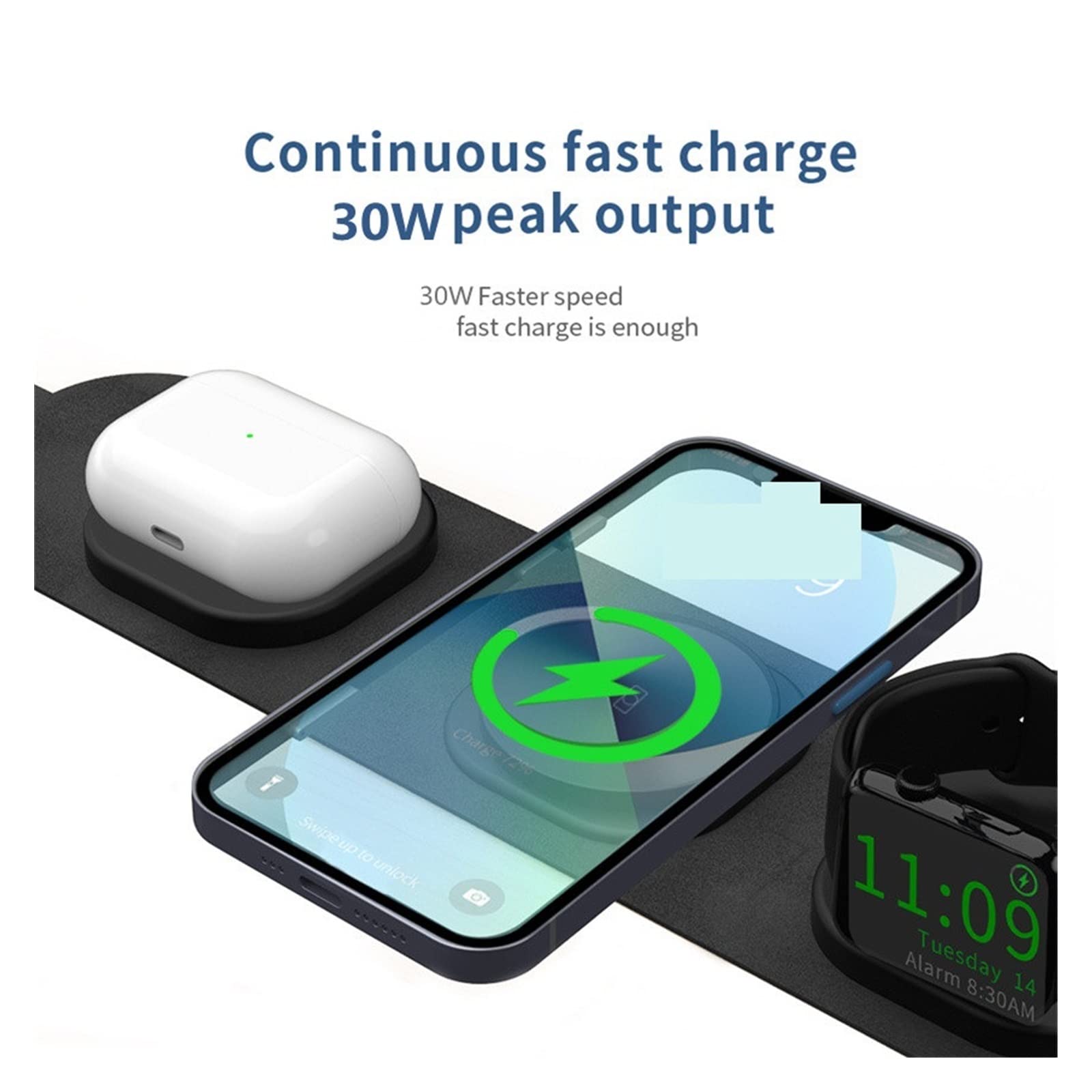 Chargeur sans Fil 3 en 1 Support de Chargeur sans Fil 30W Station de Chargement Rapide magnétique for écouteur de Montre de téléphone(with Plug)