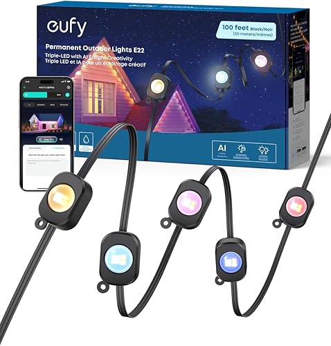 Miniatura 10 de eufy Luces Permanentes para Exteriores E22, 100 pies con 60 Luces LED Triples, RGBWW Inteligente para Navidad, Uso Diario y Días Festivos, Hasta