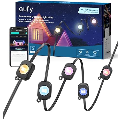 eufy Permanent Outdoor Lights E22, 100ft with 60 Triple-LED Lights, Smart RGBWW, Daily and Holiday, Up to IP67 Waterproof, AI Lighting Themes for Halloween, Christmas, Links with Cameras, Black