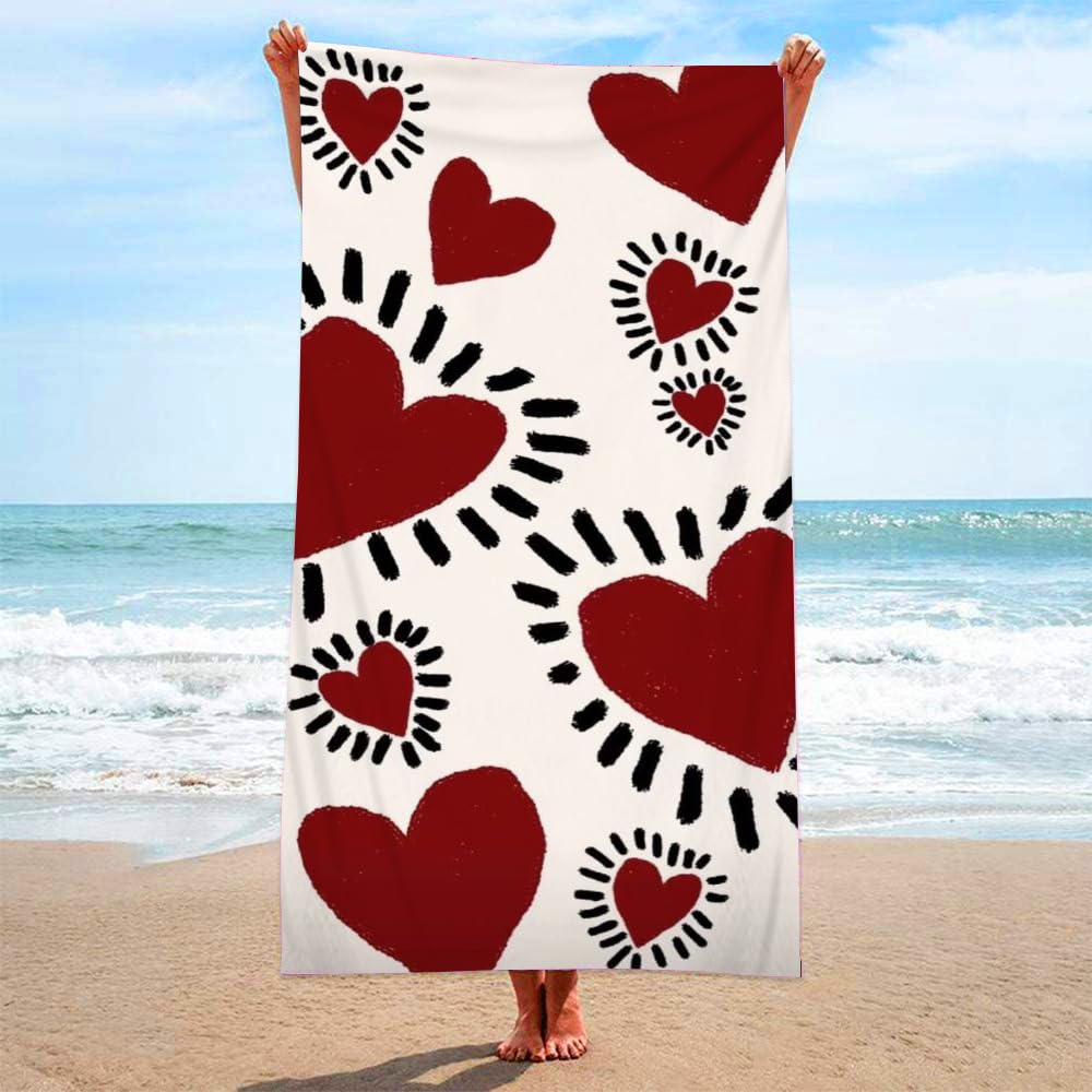 Asciugamano da spiaggia con motivo a cuore, grande, in microfibra, per adulti e bambini, morbido e assorbente, asciugamano da viaggio per sport, palestra e spiaggia, 90 x 180 cm, beige e rosso