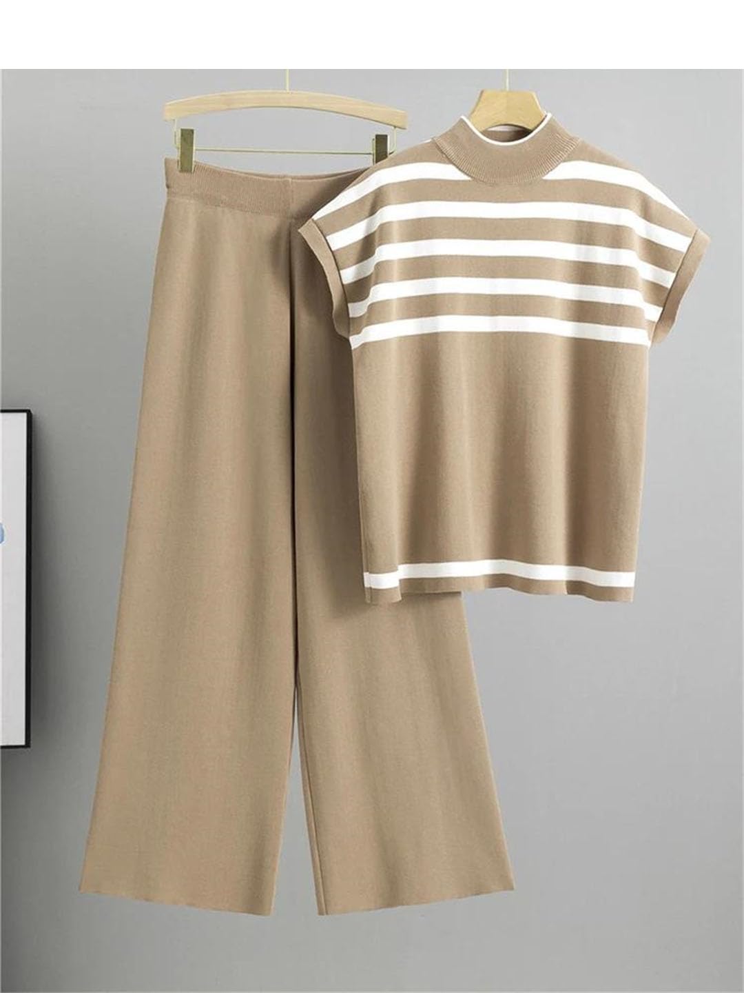 Donne Estate Seta Ghiaccio A Righe In Maglia Due Pezzi Slim Manica Corta Top Pullover Tee Conjunto Vita Alta Gamba Larga Pantaloni Abiti
