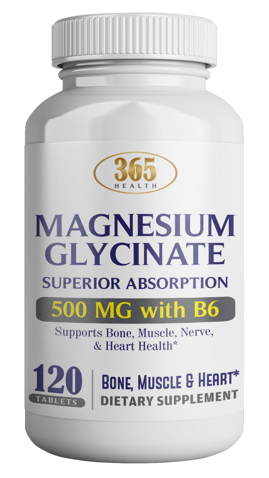 365 Health Magnesium Glycinate 500mg per Tablet - 120 Vegetarian Tablets- Added B6 for Maximum Absorption - Supports Muscle, Joint, and Heart Health, Premium Grade, Non-GMO, & Gluten Free