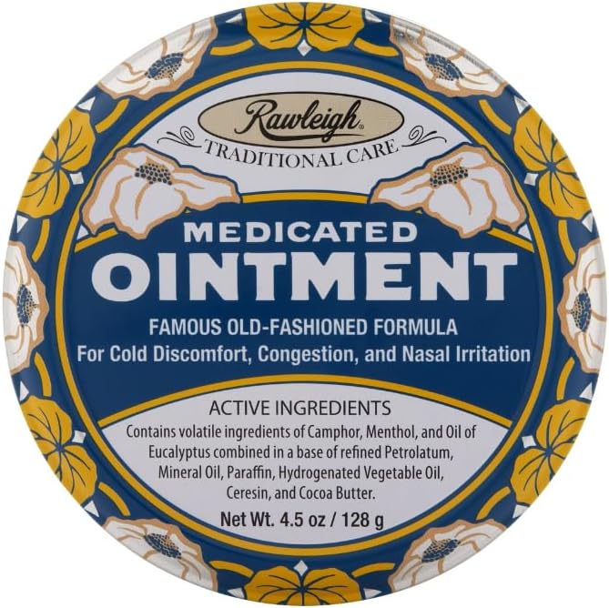 Rawleigh Medicated Ointment: 4.5 oz Blue Tin, Adults & Kids: Topical Chest Rub for Cold, Nasal Congestion, Minor Aches and Pain, with Camphor, Menthol & Eucalyptus, Non-Greasy Formula - Pack of 1