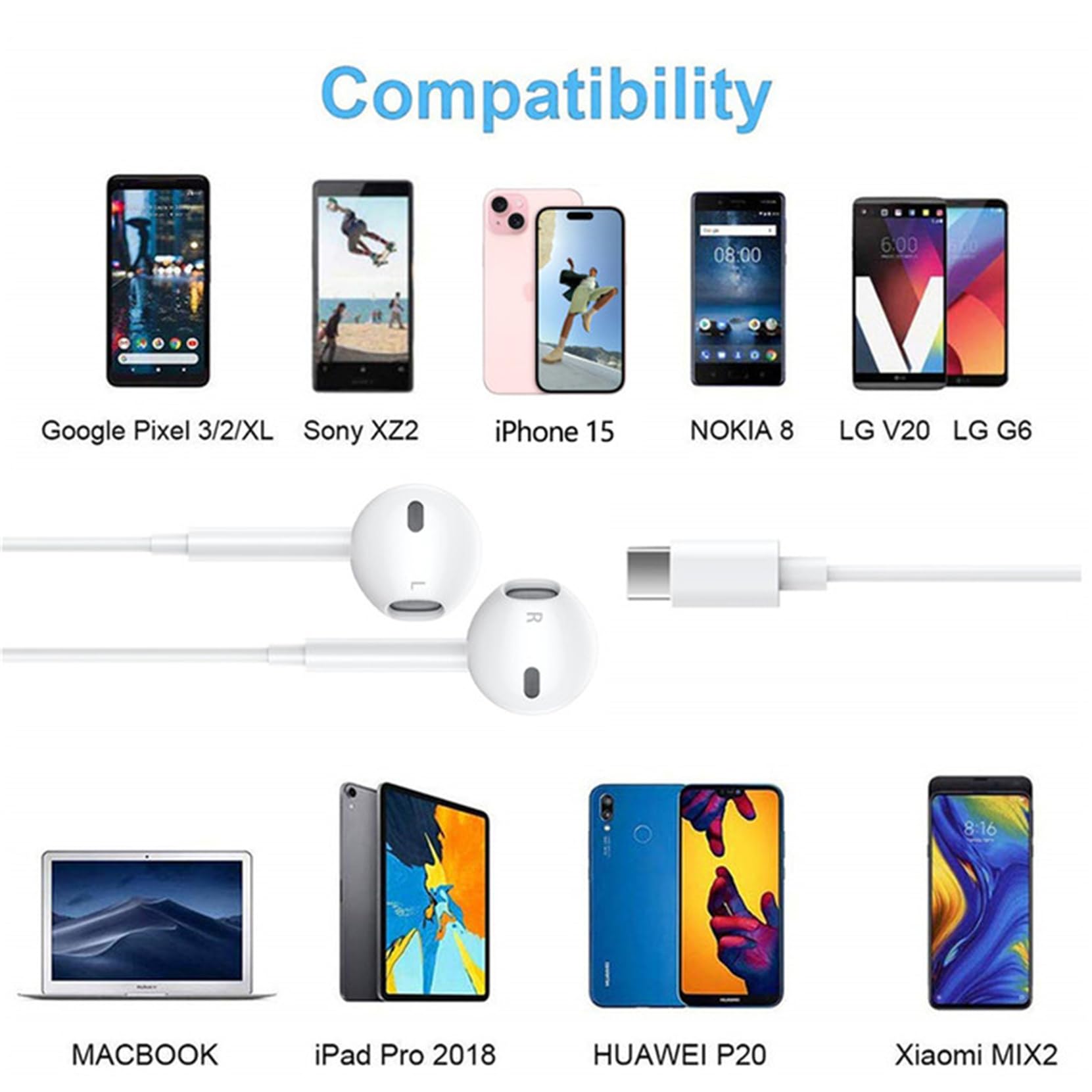 2 Pack-USB C Headphones for iPhone 15/16, Type C Earbuds Wired Earbuds with Microphone & Remote Control Noise Cancelling Earphones, Compatible with iPhone 15/16 Pro Max, iPad Pro, Most USB C Jack