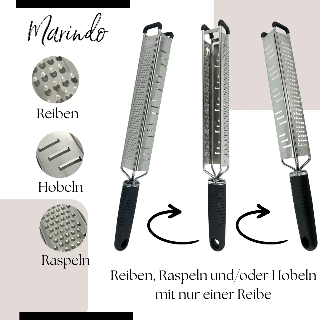 MARINDO Premium Zester 3 in 1 – Reiben, Raspeln & Hobeln | Parmesanreibe, Zitronenreibe, Muskatnuss Reibe, Ingwerreibe u.v.m. | Fein & Grob Edelstahl