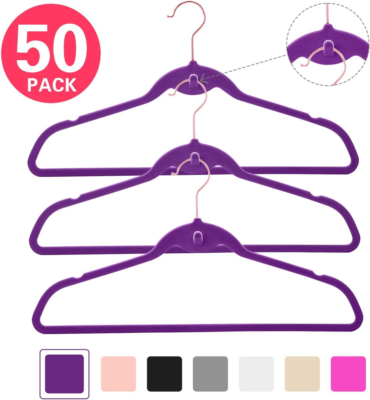 MIZGI Premium Cascading Velvet Hangers (Pack of 50) Heavyduty - Non Slip Hangers with Cascading Hooks Dark Purple - Copper/Rose Gold Hooks,Space Saving Clothes Hangers (Dark Purple)