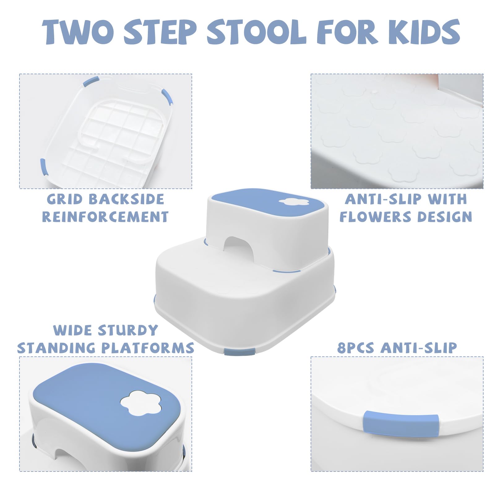 2 Step Stool for Kids, Toddler Step Stool for Toilet Potty Training, Double up Step Stool for Bathroom, Anti-Slip Sturdy Kitchen Helper Stool (Blue)