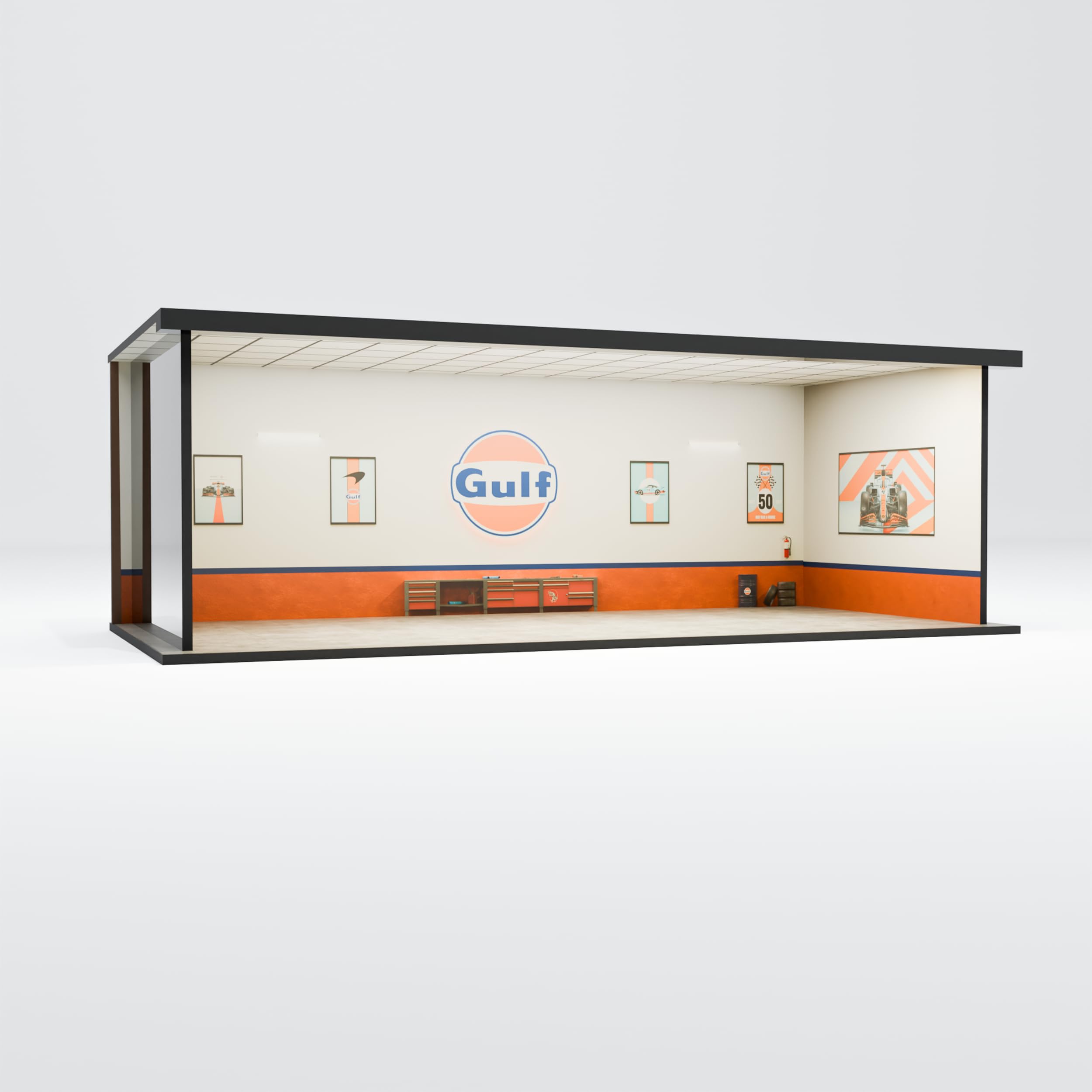 Garage64 Gulf Workshop 1:64 Acrylic Display Garage Diorama with LED (30x14x10 cm) – Classic Race Garage for Diecast Cars, Hot Wheels, MiniGT - Image 6 thumbnail