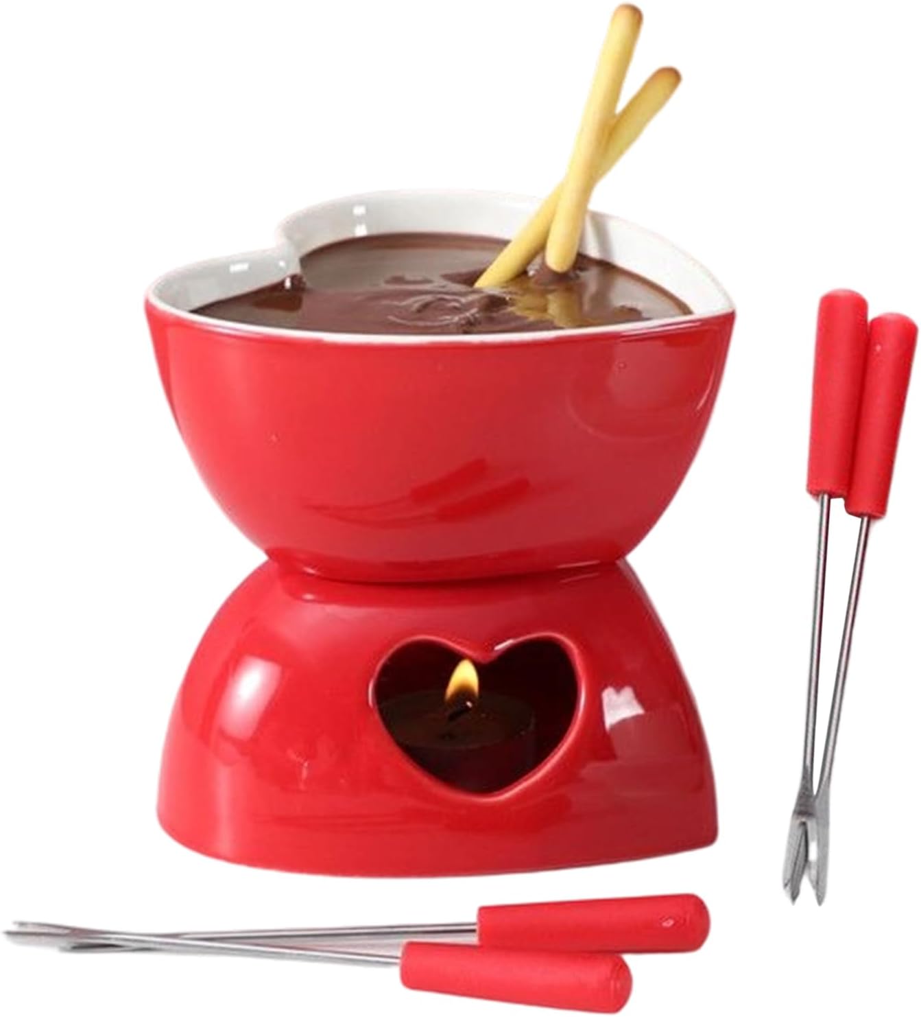 Heart Fondue Cup - Chocolate Melting Warmer, Mini Butter Mug with Dipping Utensil, Small Pot with Heat-Safe Handle, Dessert Set Cheese Melter, Fondue Mug for Holiday