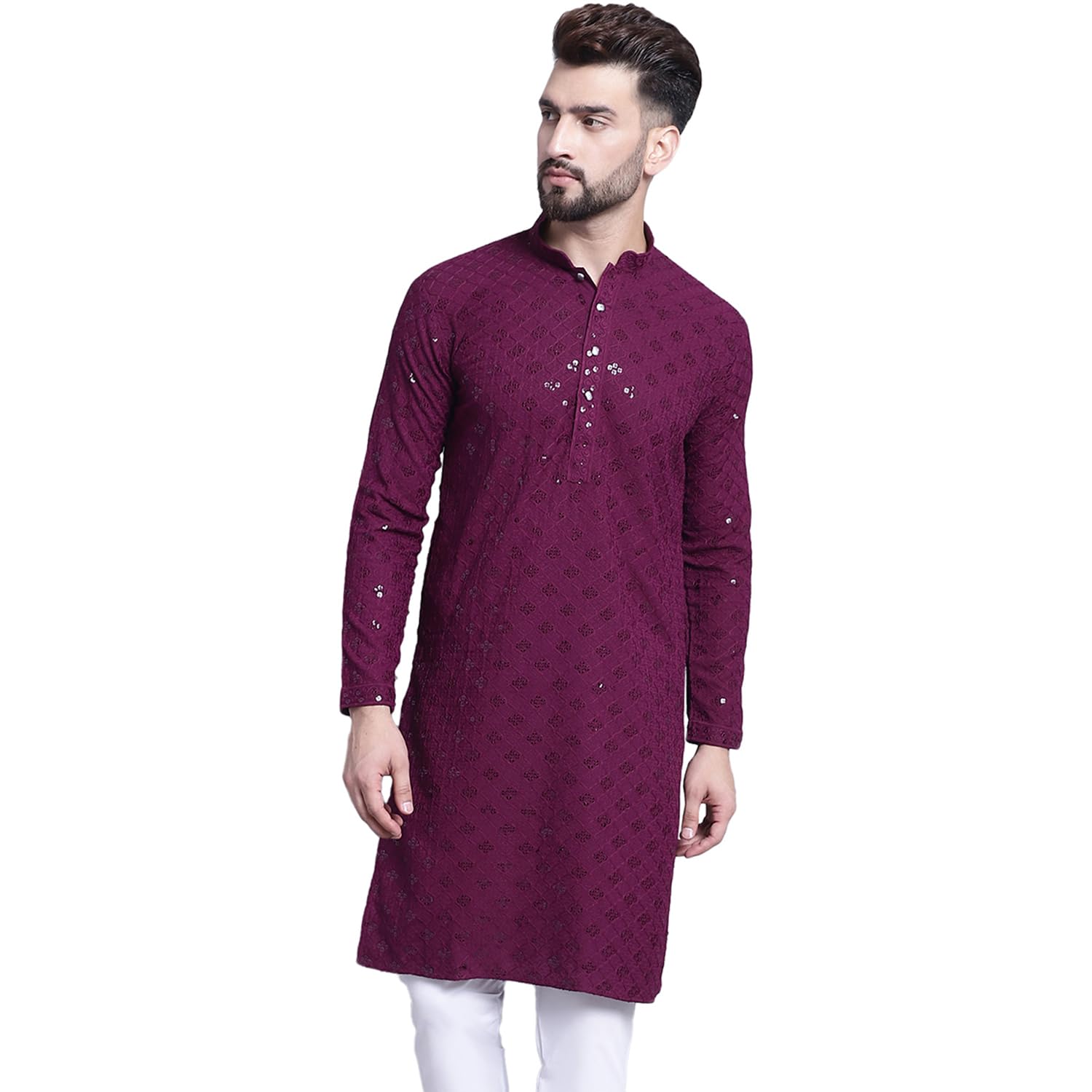 Sojanya (Since 1958 Men's Pure Cotton Purple Embroidered 4Booti Sequence Kurta