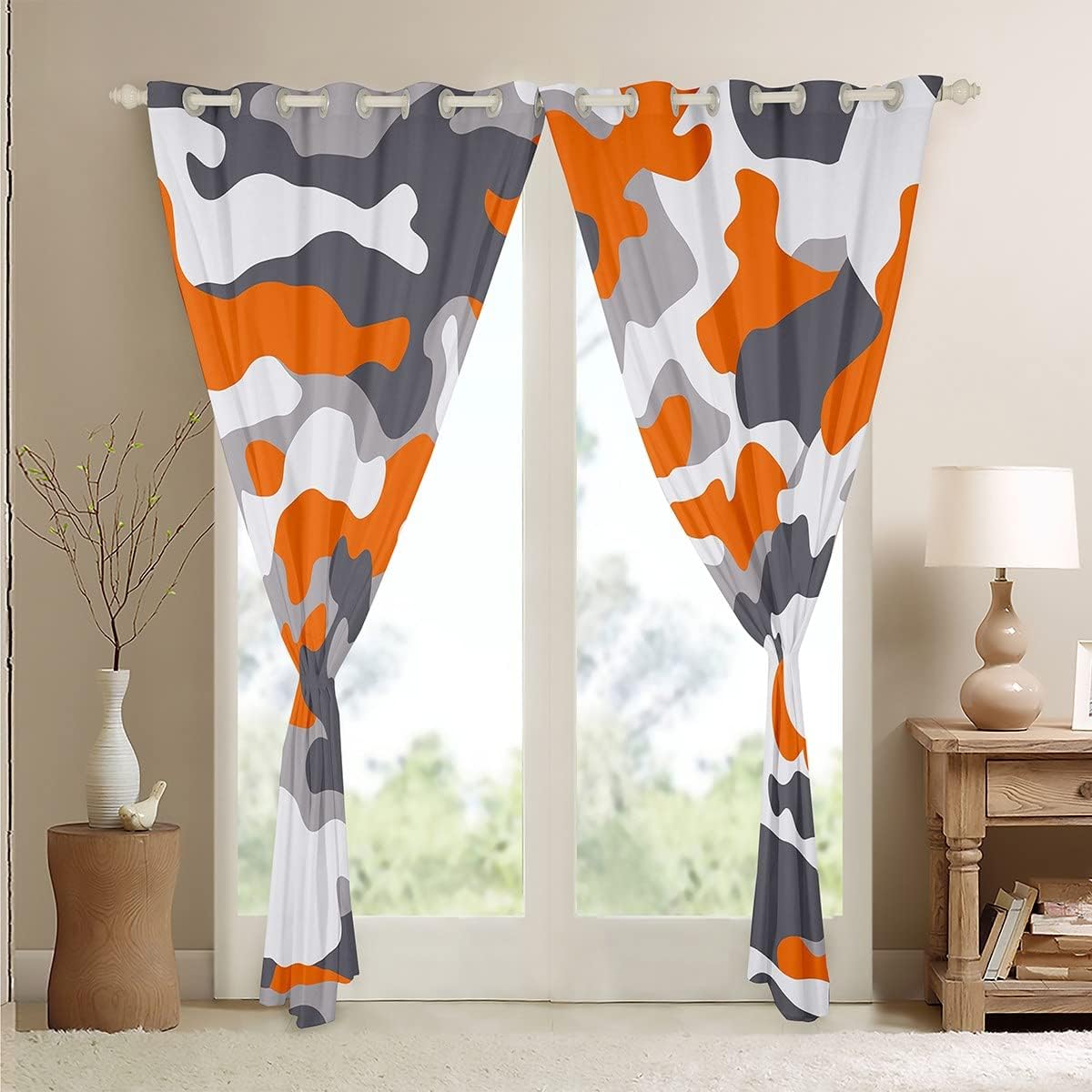 Erosebridal Orange Grey Camouflage Curtain for Kids Boys,Militarily Window Curtains 42x63,Army Camo Window Treatments,Colorful Abstract Art Shades Drapes Living Room Decor