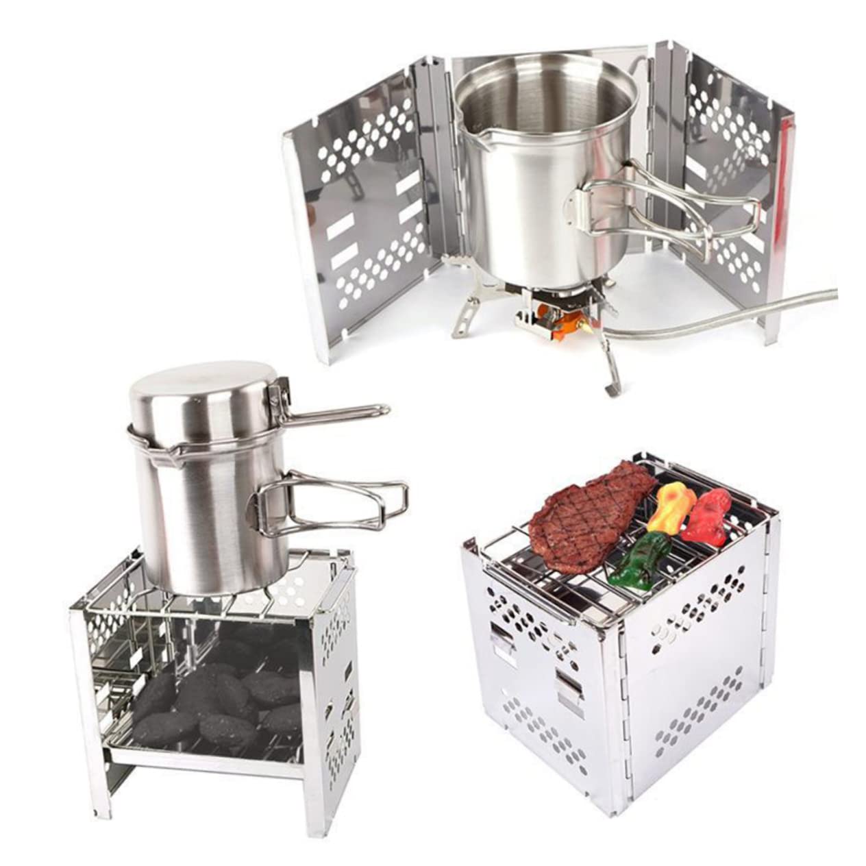 POPETPOP 1Pc Portable Stainless Steel Burning Stove Collapsible Barbecue Grill for Outdoor Camping Picnics Cookware Durable Efficient Airflow Design Silver