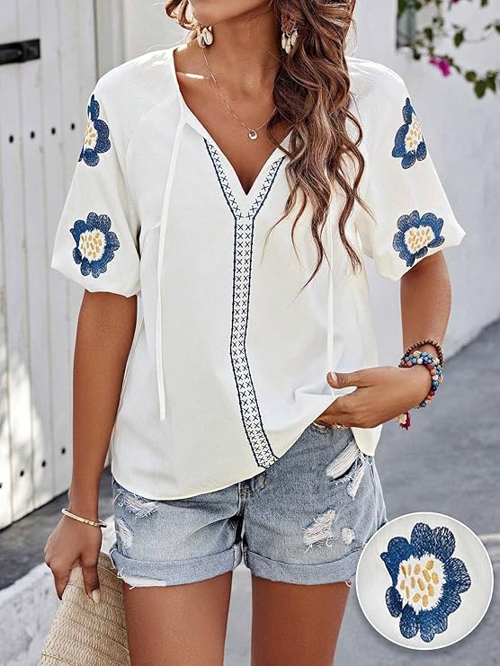Mexican Embroidered Tops for Women Floral Short Sleeve Boho Tops Bow Tie V Neck Peasant Blouse Loose Summer Tops - Image 4