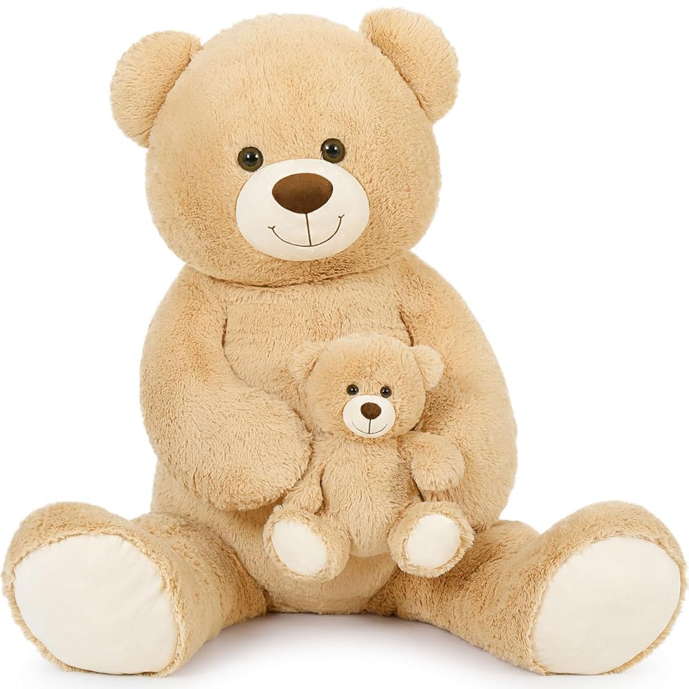 MorisMos 100cm Giant Teddy Bear XXL, Light Brown Mommy with Cuddly Baby, Big Fluffy Teddies Plush Soft Toy, Large Bear Gift for Kids Girlfriend Wife Mum Birthday Mothers Day Decor — image 1