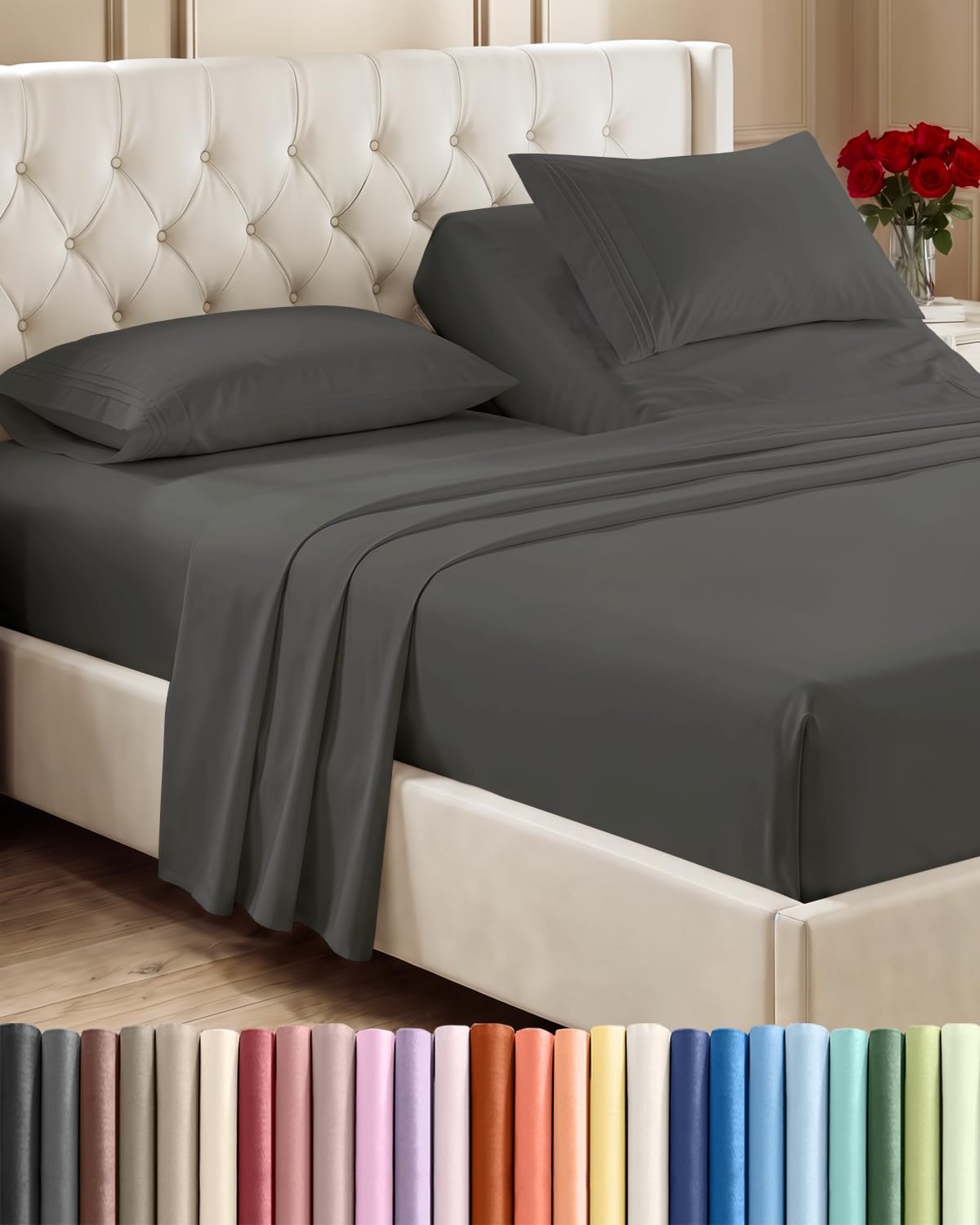 Flex Top Split Head King 4 Piece Sheet Set - Soft &amp; Breathable - Charcoal