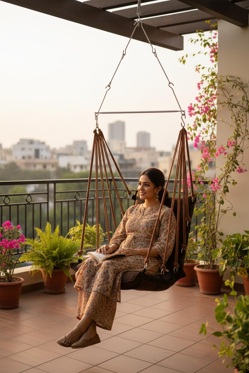 Patiofy Cotton Hanging Jhula For Adults/Jhula For Home/Swing For Adults For Home/Swing For Balcony/Unjal For Home Adults/Weight Capacity Upto 150Kgs (Dark-Brown)