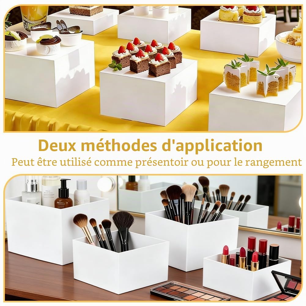 Lot de 6 boîtes en acrylique blanc - Support de buffet en acrylique - Présentoir à dessert avec fond creux - Présentoir à aliments - Buffet en acrylique pour desserts, bijoux, présentoir de cubes avec