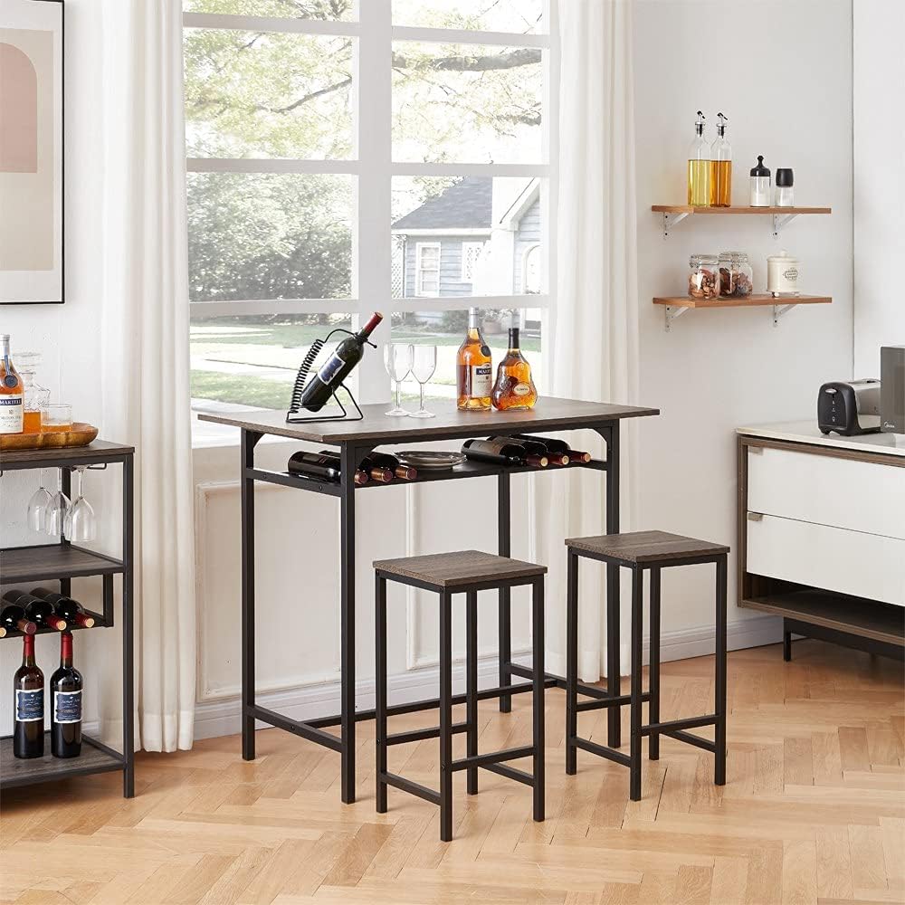 IBF 3 Pieces Rustic Kitchen Breakfast Bar Table Set,2 Person Table and Chair Set Pub Table and Chairs Set,Counter Height Dining Table Set with 2 Bar Stools,Gray Oak,42 inch : Home & Kitchen